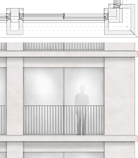 Die Fassade strukturiert sich in mehrere Ebenen und verleiht dieser durch horizontale und vertikale Betonfertigteile eine Tiefe.