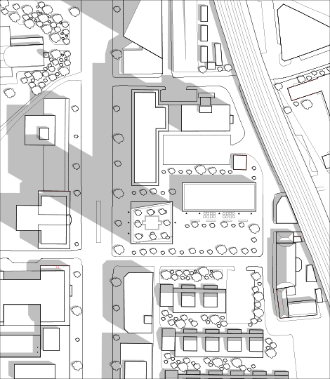 Der Entwurf sieht eine Turmbebauung an der Strassenfront, sowie einen Neubau für das bestehende Altenwohnheim vor, welches begrenzt von dem Turm der Eisenbahntrasse und der bestehenden Bebauung einen Platz bildet.