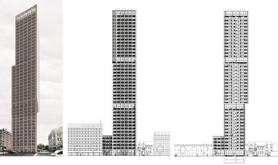 Gemeinschaftsbereiche teilen den Turm in drei Teile mit der gleichen Anzahl an Geschossen
