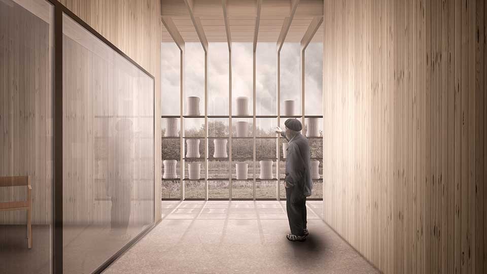 Der Innenraum des Kolumbariums in Münster ist von Holzmaterialien charakterisiert.